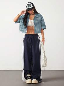 Coolane 女式春夏复古学院风短款格子宽松短款上衣新年红色衬衫 - 藍色 - 查看 6