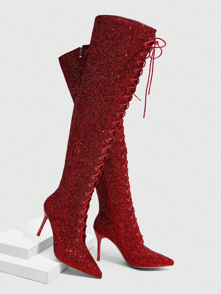 CUCCOO SZL Women's Outdoor Pointed Toe High Heel Boots, Red Glitter Material, Fashion Comfortable For Daily, Party, Nightclub, Zipper Design