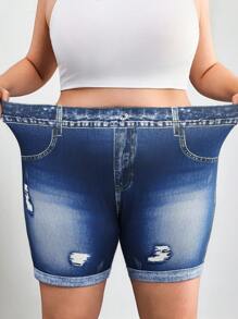 SHEIN CURVE+ 大码女式松紧腰休闲紧身裤，舒适弹力牛仔印花面料，夏季/乡村/海滩度假装/沙滩装/沙滩装 - 藍色 - 查看 4