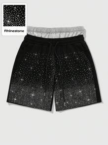 ROMWE MEN Street Life 男士时尚品牌全包水钻装饰抽绳腰休闲运动短裤，适合春夏季日常穿着 - 黑色 - 查看 1