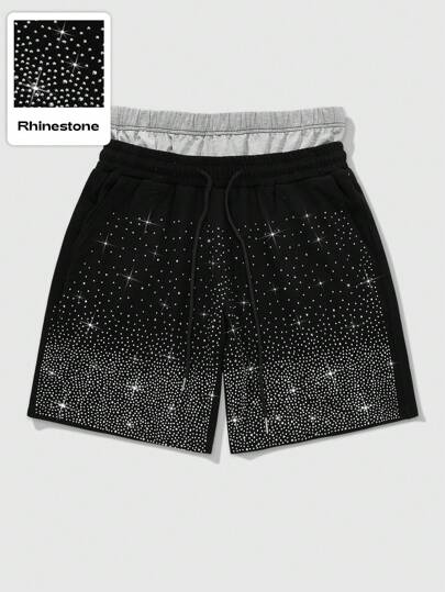 ROMWE MEN Street Life Men's Street Fashionable Brand Full-Covered Rhinestones Decor Drawstring Waist Casual Sports Shorts
