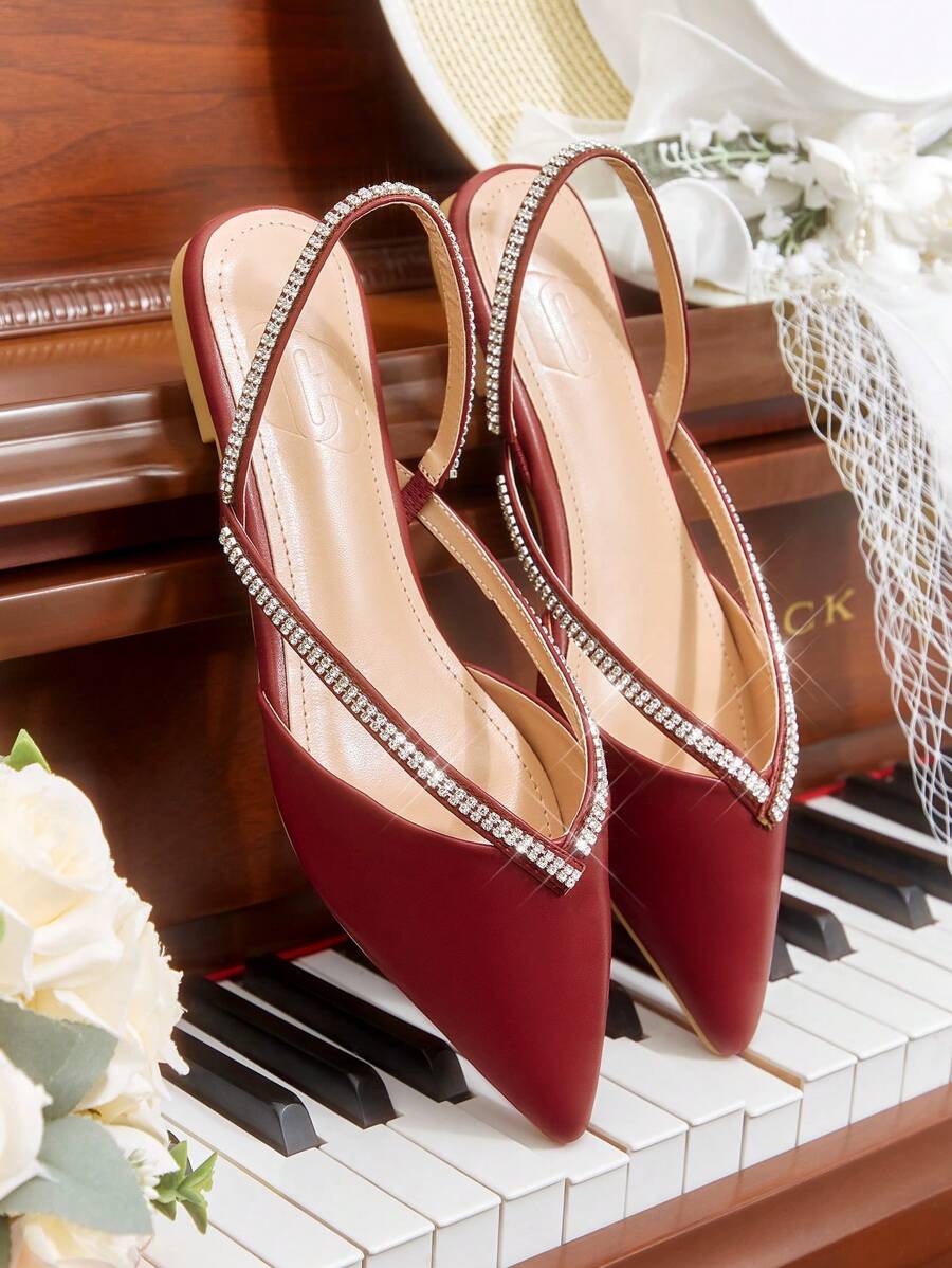 CUCCOO HITCHD White Crystals Strappy Pointed Toe Flat Ballet Shoes, Elegant Commute Casual Holiday Party Valentine's Date Wedding