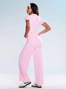 Eassivo Set de 2 piezas de ropa deportiva de verano para mujer, que incluye top de manga corta sólido y pantalones con nudo, conjunto de ropa deportiva de color rosa para hacer ejercicio - Rosa - Ver 5