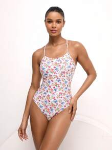 Swim Nautrix 1 Stück Sommer Neckholder Rückenfrei Kreuz Sexy bedruckter Einteiler Badeanzug