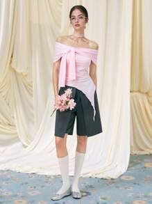 SHEIN MOD Women's Solid Color Cinched Waist Off Shoulder Tie-Up Top ,Women Summer Clothes, Vacation, Pink, Country Concert,Y2k Tops - Pink - View 9