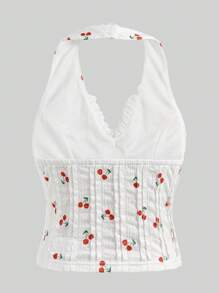 Teen Girls' Casual Cherry Print Lace Trim Halter Neck Camisole Top, Summer - White - View 6