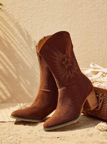 Styleloop Women's Faux Suede Zipper Side Boots, Round Toe Chunky Heel Classic Boots, Perfectly Matched With Jeans, Mid-Calf Boots - Coffee Brown - View 1