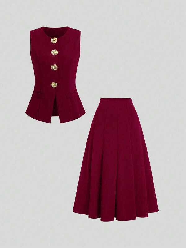 Sweetra Ensemble tailleur femme sans manches avec grands boutons métalliques, veste et jupe longue pour le printemps et l'été
