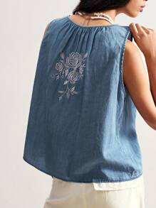 Bohemela Boho Denim Country Style Vintage Casual Western Cowboy Rose Embroidered Pattern Woven Denim Vest Boho Tops For Women