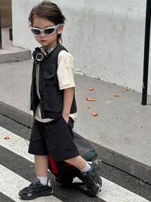 Dazy Kids 2pcs/Set Young BoyCrew Neck Sleeveless Top + Shorts Set, Summer - Black - View 2