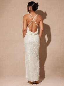 Silquee 女式纯色亮片设计修身优雅连衣裙 - 杏色 - 查看 7