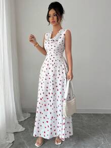 Elenzga 2025 新款夏季度假花卉印花松紧腰宽松优雅圆领无袖连衣裙 - 紅色 - 查看 3