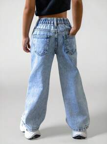 Young Girls Loose Fit Distressed Blue Denim Pants,Heart & Bow Print Summer Back-To-School Cute Graphic Distressed Jeans,Y2K Vintage Washed Ripped - Light Wash - View 2