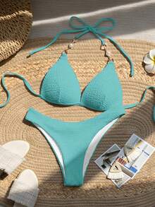 SHEIN Swim Solid Color Textured Bikini Set, Vacation & Beach - Mint Green - View 1