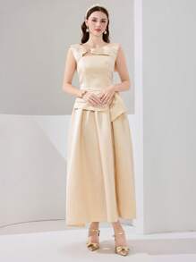 Poshira Women's Elegant Solid Color Round Neck Cutout Ruffle Evening Dress,Heavy-Duty Design Bandage Waist Wedding Ball Gown,Plus Size Formal Birthday Dresses - Champagne - View 4