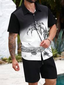 Manfinity RSRT Conjunto de camisa y pantalones cortos negros con degradado y estampado de palmeras para hombre de talla grande, atuendo de vacaciones