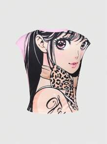 ROMWE Avant 2pcs/Set Y2K Anime Style Printed Crop Top And Tight Skirt For Girls - Pink - View 5