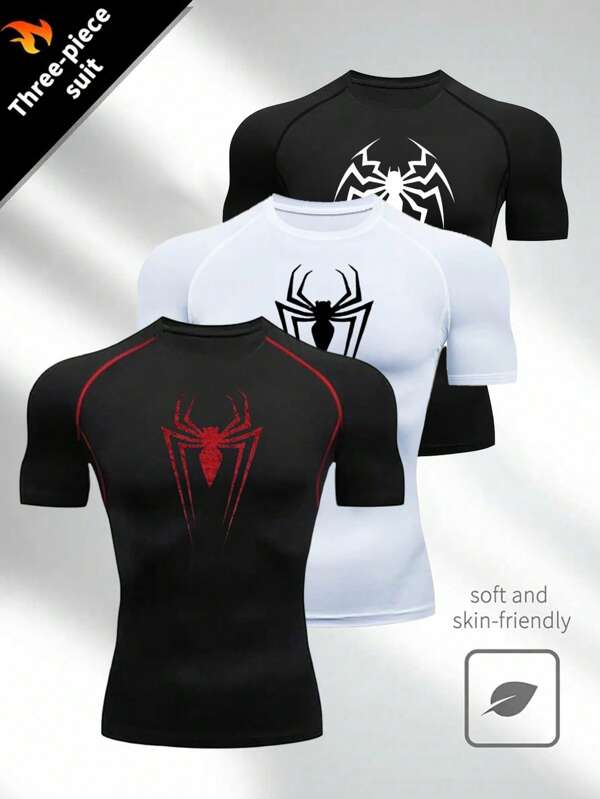 Manfinity Sport Corelite Men's Spider Print Raglan Short Sleeve Sports T-Shirt Workout Tops Gym Top Compression Shirt Breathable Fitted Shirt Crew Neck