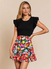 SHEIN Clasi Women Round Neck Floral Printed Color Block Spring Dress,Summer Dresses For Women