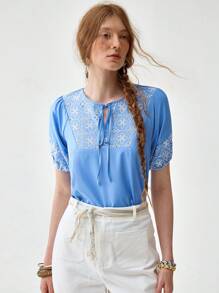 Florisole Boho Patchwork Women's Vacation Shirt - Blue - View 4