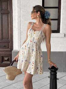 Pariaura 女士黄色花卉印花吊带连衣裙度假海滩装 - 彩色 - 查看 5