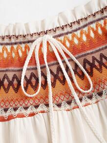 Sweetra 女士夏季春季海滩度假波西米亚风米色拼布异形荷叶边腰带抽绳流苏边饰长裙