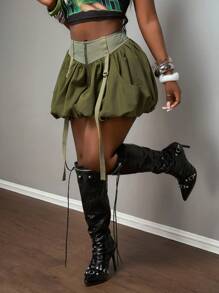 Slaydiva 2025 年夏季新款音乐节、生日派对、毕业典礼、学生日常穿着、休闲装、度假装、邮轮旅行装、海滩装、日光浴装、流行金属拉链、丝带、口袋、褶边、绿色女式中长裙 - 軍綠色 - 查看 3