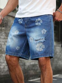 Manfinity Homme Shorts Denim Masculina Casual Lavada com Estampa Floral Desgastada