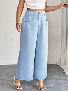 SHEIN PETITE Pantalones rectos de pierna ancha de tela texturizada para mujer de talla grande, aptos para uso diario, oficina, reuniones familiares, pantalones de mujer para otoño/invierno, pantalones de primavera, pantalones de mujer, Bottom, estilo casual minimalista, chic retro, elegancia romántica, Día de San Valentín, temporada de graduación