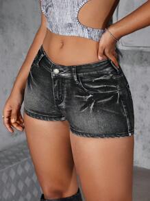 SHEIN ICON Women's Sexy Fitted Mini Denim Shorts, Summer - Black - View 3