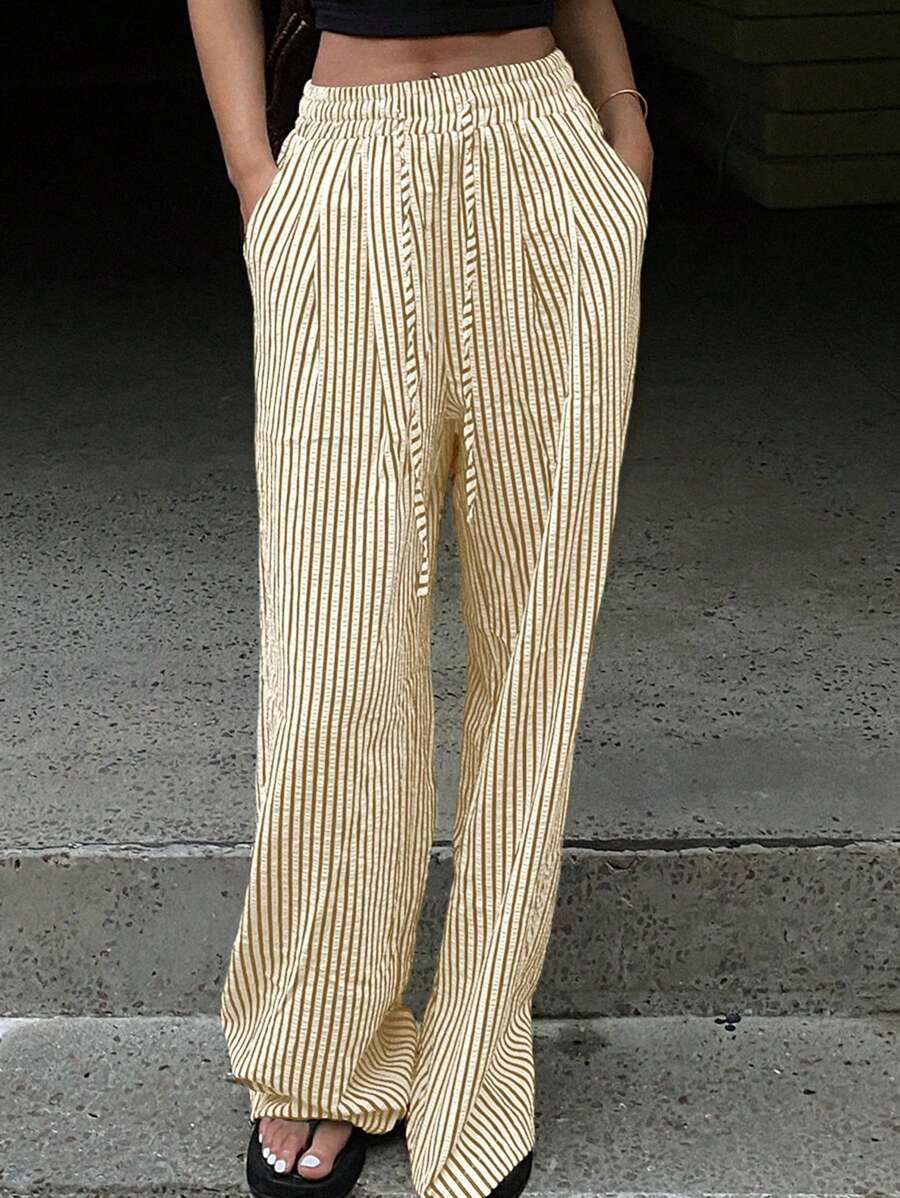 DAZY Pantalones anchos de pierna ancha con estampado de rayas, cintura elástica con cordón y bolsillos laterales, estilo resort, para mujer