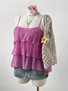 Sweetra Plus Size Casual Daily Solid Color Pleated Ruffle Hem Camisole Top For Women - Pink - View 5