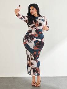 Firerie Đầm suông cổ tròn tay dài in họa tiết hoa cỡ lớn thanh lịch cho nữ - Nhiều màu - Xem 5