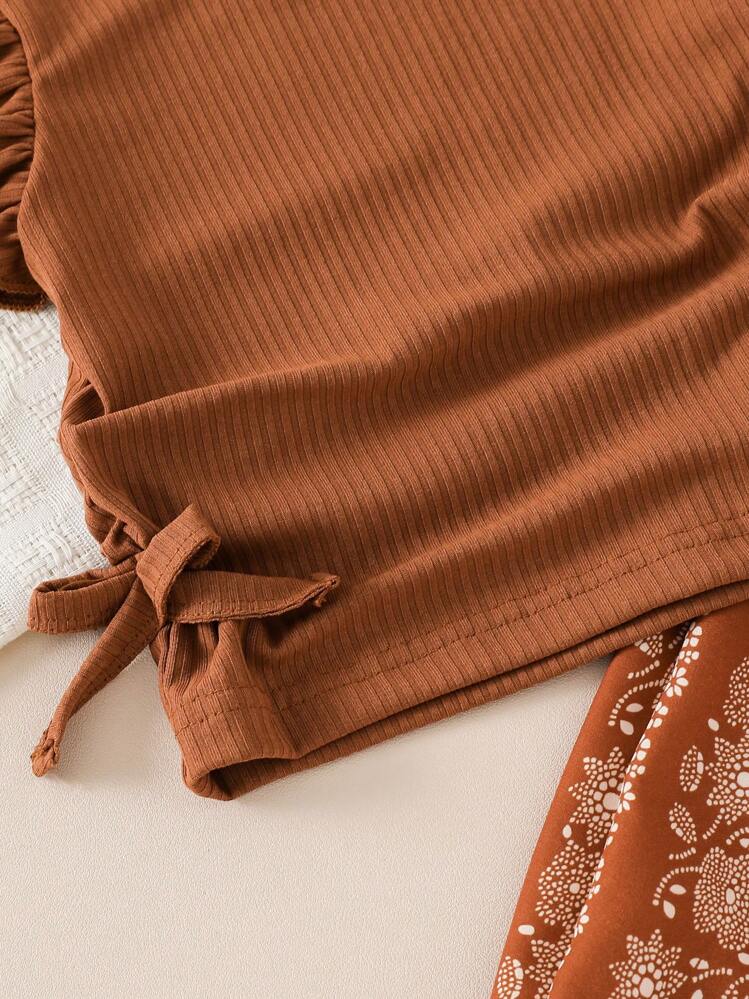 SHEIN Vintaside Kids 2pcs/Set Baby Girls Ribbed Round Neck Cap Sleeve T-Shirt And Printed Pants Set, Baby Girl Clothing, Outfit, Good For Party, Vacation, Summer Clothes For Girls Toddle Girl Clothes - Brown - View 6