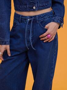 COUREZ Jeans larges à taille basse avec ceinture nouée / Tenues d'été Y2K pour femmes Jeans à taille basse Coton vintage