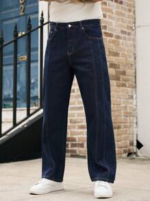 Manfinity Homme 男士休闲百搭口袋装饰阔腿牛仔裤 - 深色水洗藍 - 查看 5