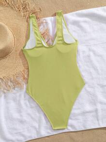 Swim Mod Women's New One-Piece Swimsuit With Cutout Crossed Design, Metallic Starfish Decor, Tummy Control, Monokini For Summer Beach Vacation - Olive Green - View 2