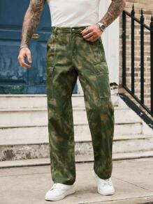 RivetRise Jeans casuales de pierna recta lavados con bolsillos tipo cargo para hombre