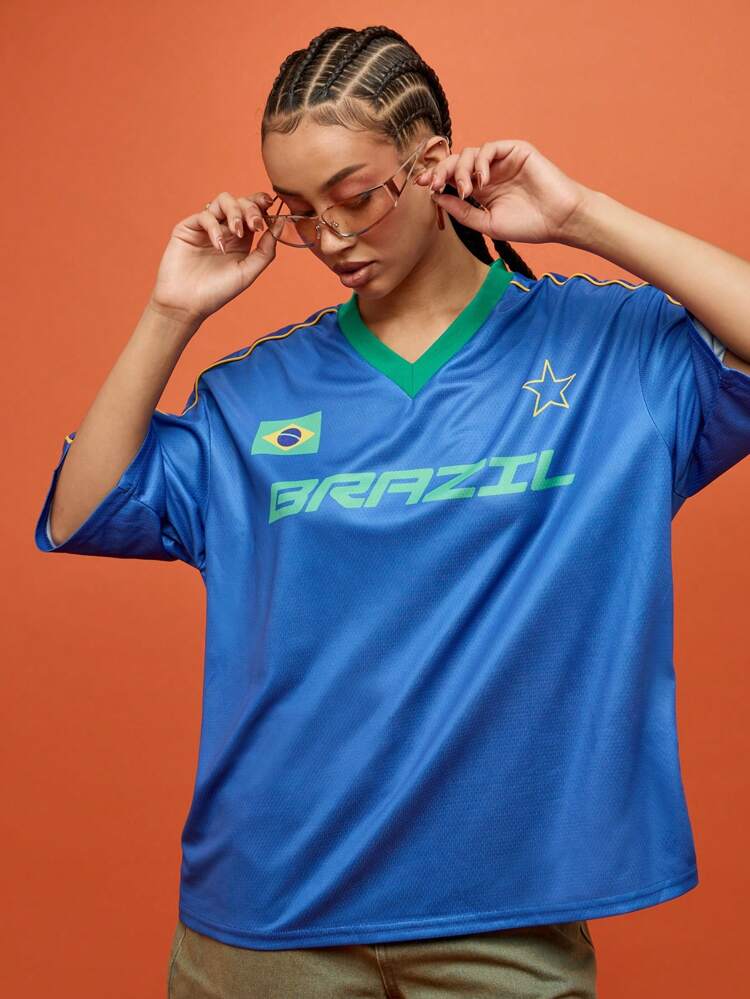 SUMWON WOMEN Koszulka piłkarska Brazil Soccer w dużym rozmiarze z dekoltem w serek
