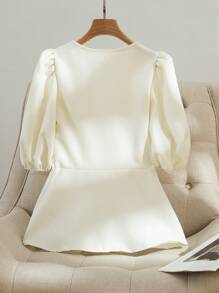 Modelyn Women's Elegant Solid Color Lantern Sleeve Blouse, Summer - Beige - View 2
