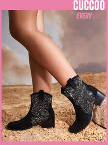 Styleloop 女鞋時尚圓頭鉚釘裝飾多功能西式黑色靴子 - 黑色 - 查看 7