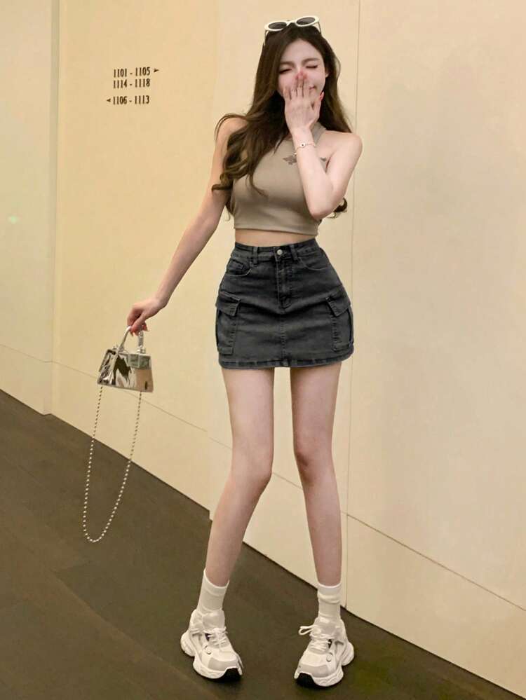 Vintage Washed Pocket Decor Women Bodycon Denim Mini Skirt Jeans Skirt