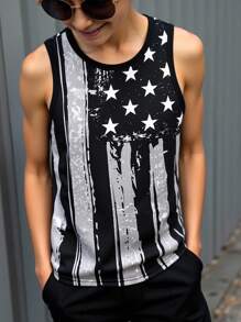 SHEIN 青少年男孩休闲美国国旗独立日酷童星图案宽松针织背心，适合通勤、上学、日常休闲装、运动装、春夏季 - 黑色 - 查看 7