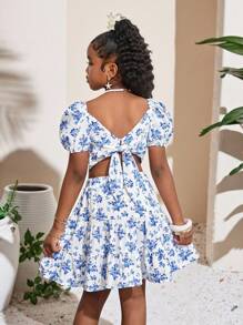 青少年女孩休闲夏季复古碎花泡泡袖短袖方领后背装饰蝴蝶结衬衫和多层荷叶边下摆印花裙 2 件套