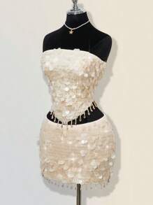 SHEIN ICON U型腰超低腰亮片贝壳流苏裙 - 杏色 - 查看 7