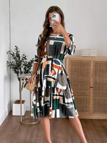 SHEIN LUNE 女式几何印花圆领七分袖休闲中长连衣裙 - 彩色 - 查看 6