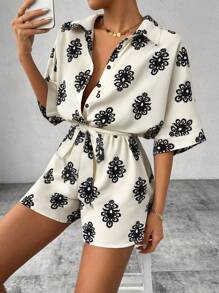 SHEIN PETITE 女式印花蝙蝠袖系腰连体裤（有领）