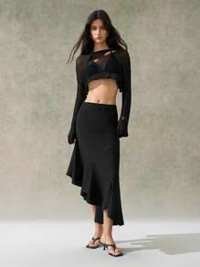 LYSMO 2025 New Arrival Spring-Summer Women's High-End Fashion Black Linen-Textured Midi Skirt Featuring A Ruffled Hem With Asymmetric Design. Perfect For Elegant, Fashion-Forward Styling, And Chic Everyday Office Wear