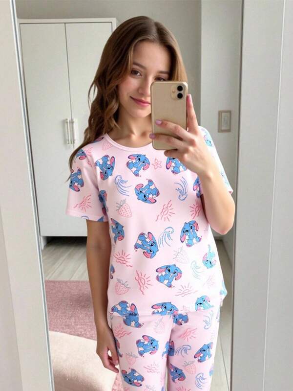 Set de 2 piezas de pijama con Top de manga corta y pantalones de tela de punto de viscosa con estampado de conejo azul y fresa para niña, ropa cómoda para el hogar