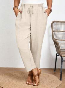 SHEIN PETITE CURVE Plus Size Solid Color Casual Trousers With Elastic Waist And Diagonal Pockets Women Pants Elastic Waist Pants, Suitable For People Of Shorter Stature,Business Casual Woman, Wearable In All Seasons